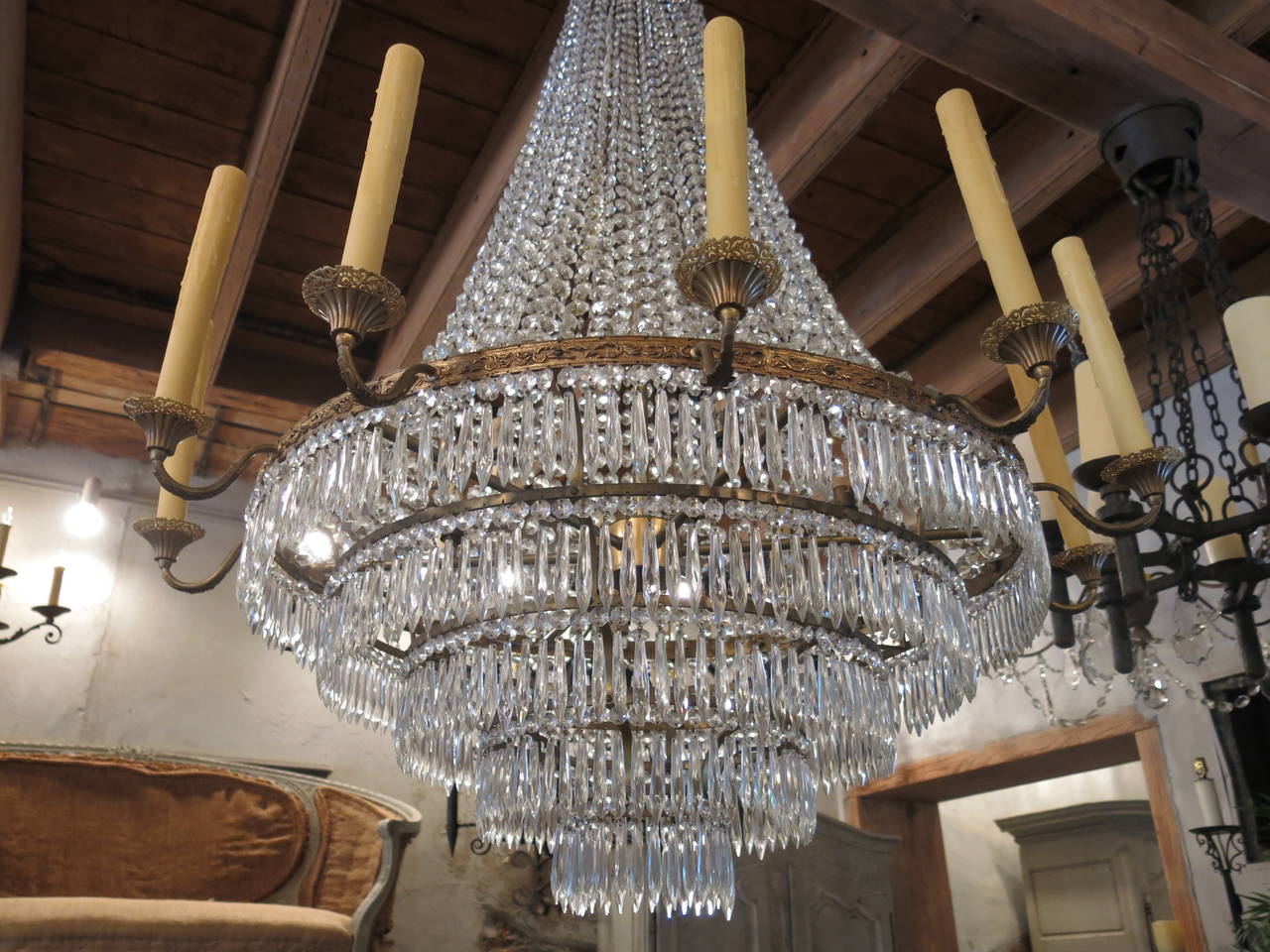 French Early 20th Century Empire / Napoleon III Bronze and Crystal Chandelier