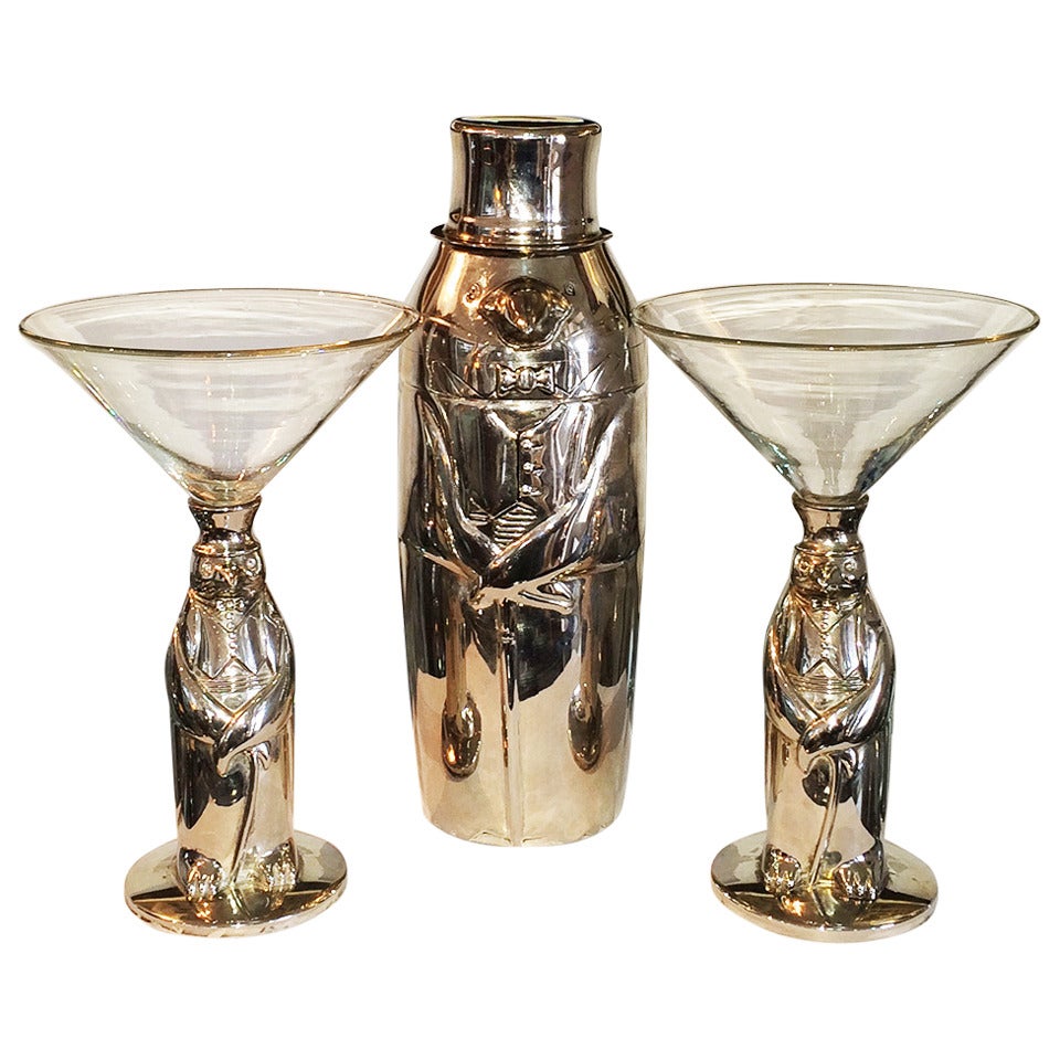 Art Deco Penguin Cocktail Set of Shaker and Two Glasses by Towle