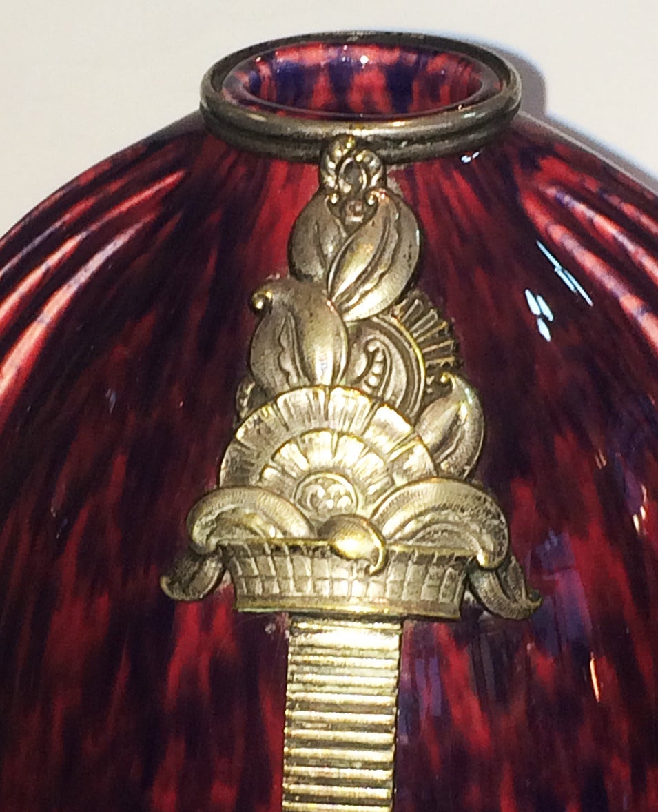 Art Deco Vase by Boch Frères in “MODERNA” pattern as impressed marked to rear silver “fruit and flowers” decoration. Front decoration identical except for name, and the vase also has a top collar to the vase neck. Wonderful porcelain colours in