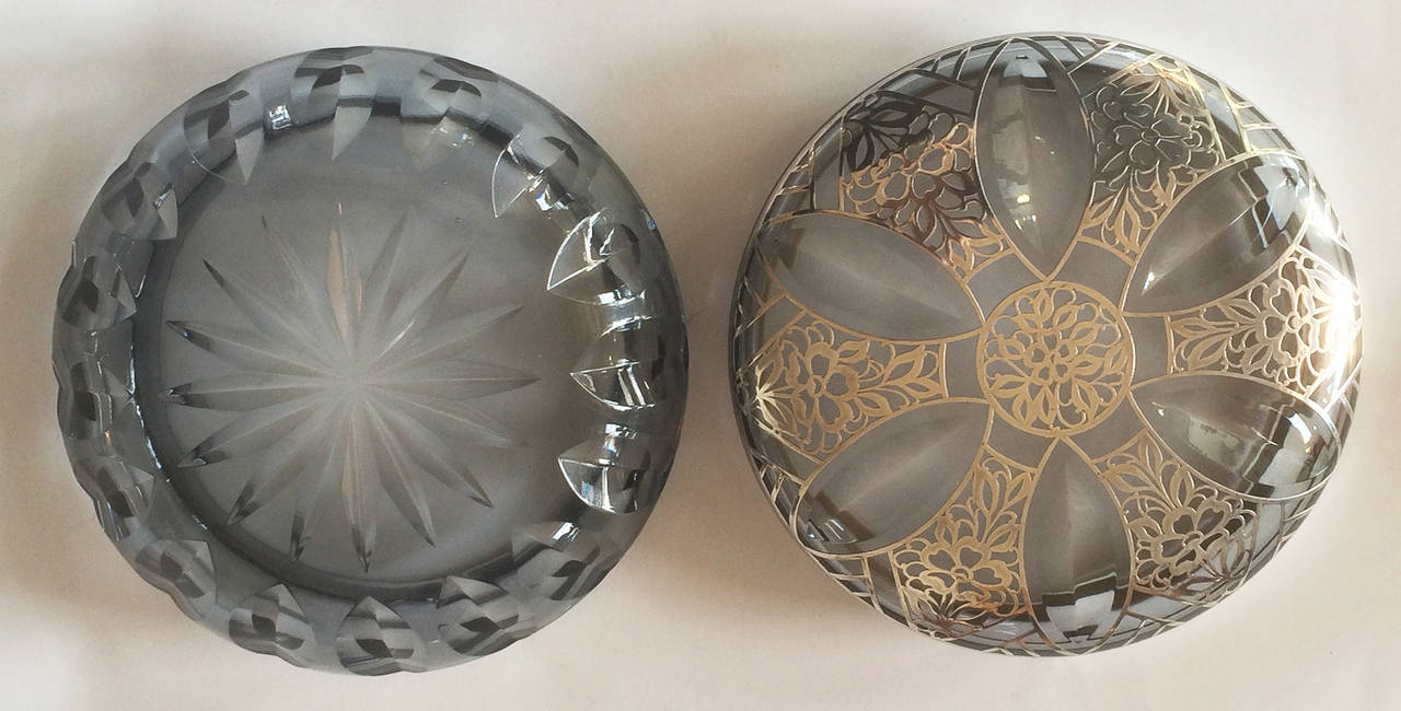 German Silver Overlay Glass Trinket or Powder Bowl by Josephinehutte