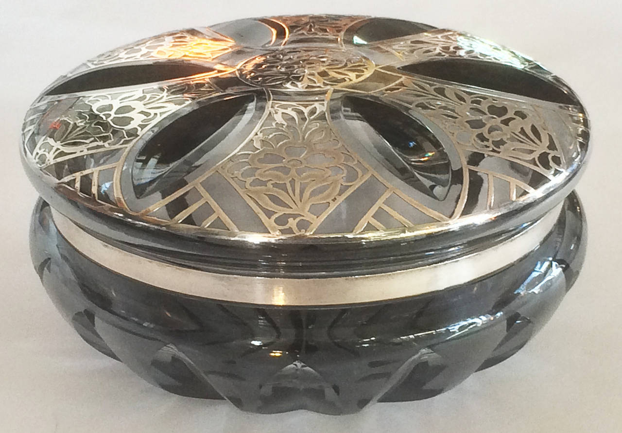 Art Nouveau Silver Overlay Glass Trinket or Powder Bowl by Josephinehutte
