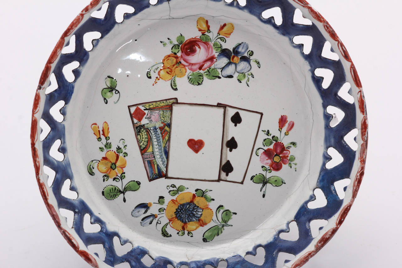 English Enamel Card Tray, with Cards and Flowers, Pierced Blue Rim, circa 1770 In Fair Condition In Geelong, Victoria