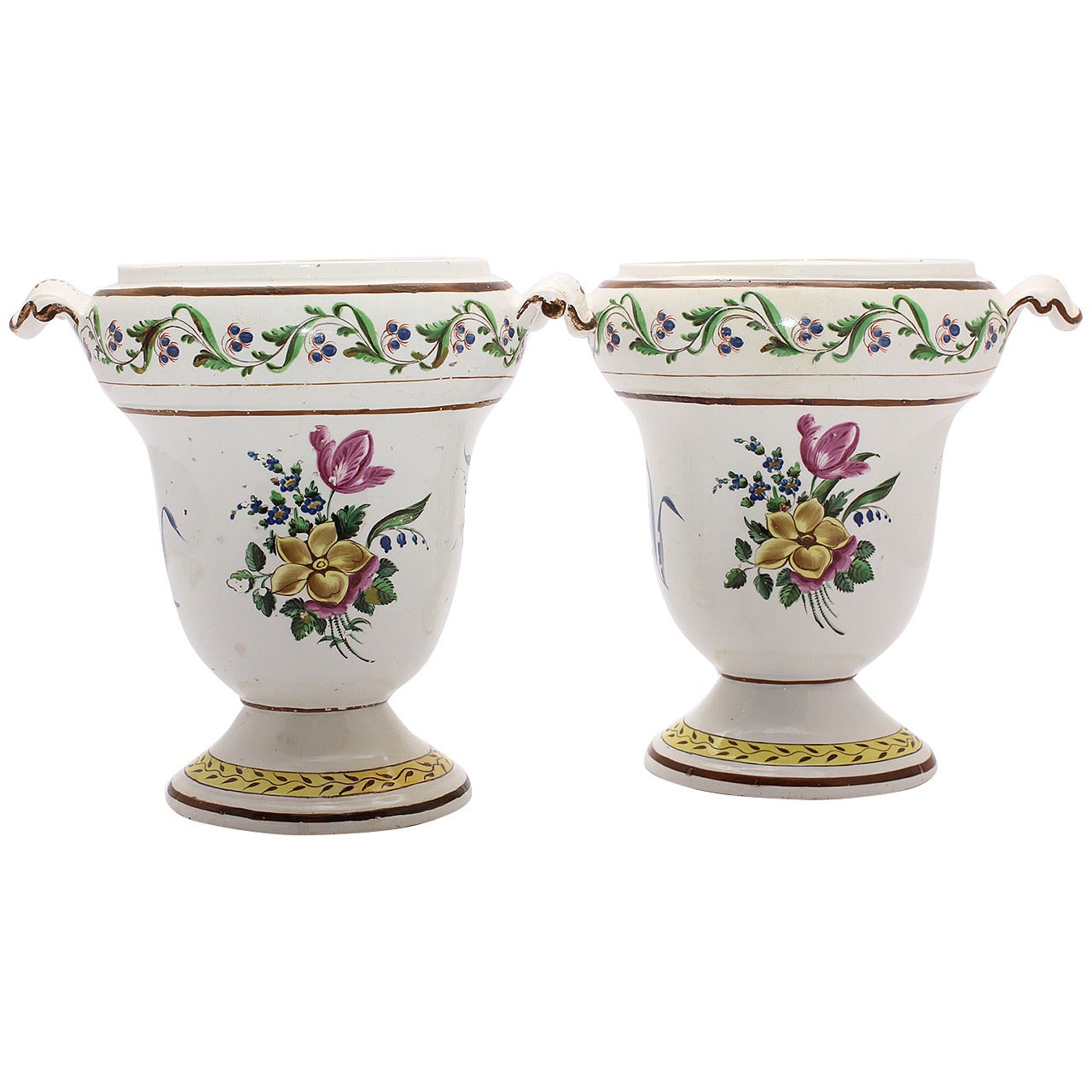 Pair of French Creamware Vases, Flower Decoration, circa 1800 For Sale