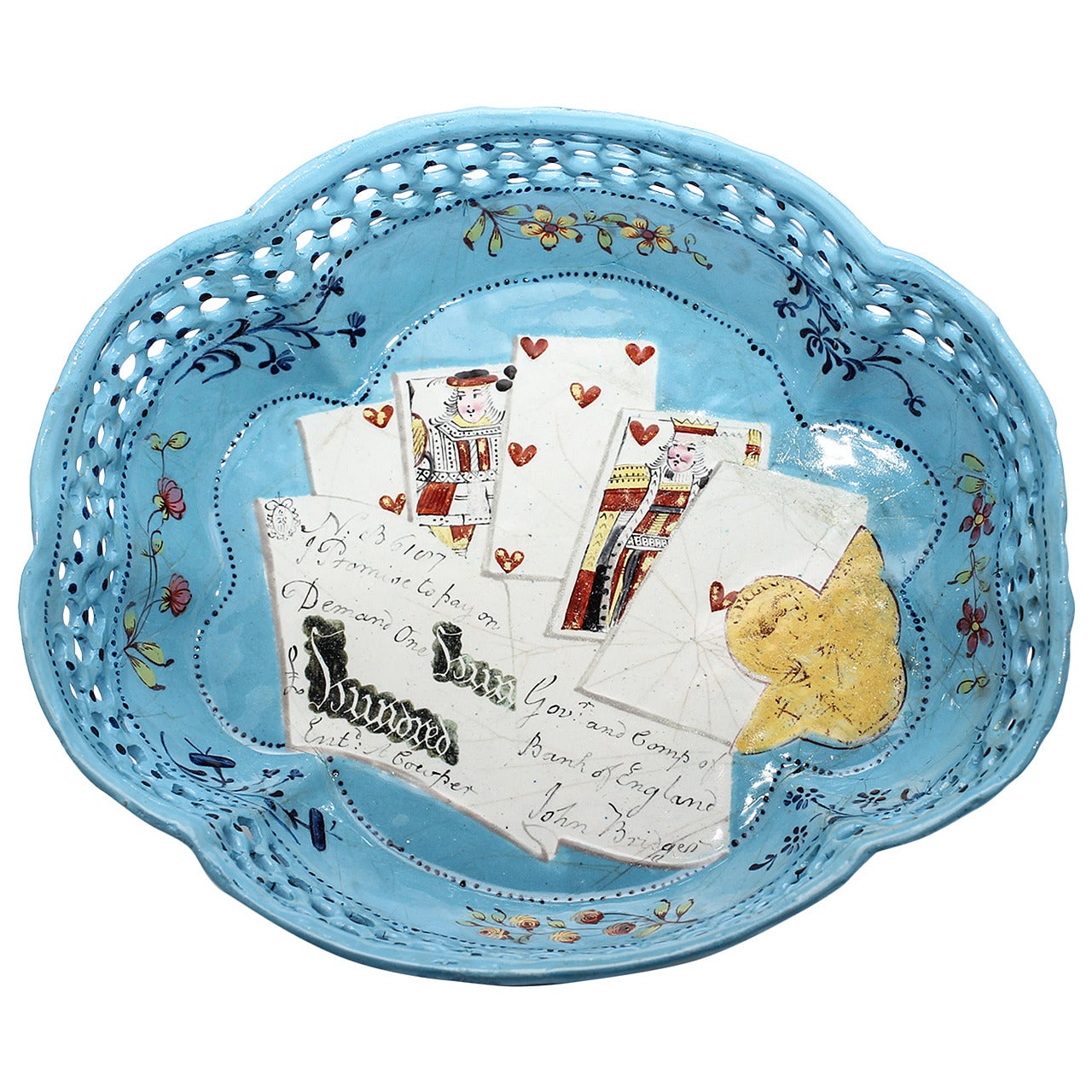 English Enamel Card Tray, Trompe L'oeil Cards Guineas and £100 Bank Note