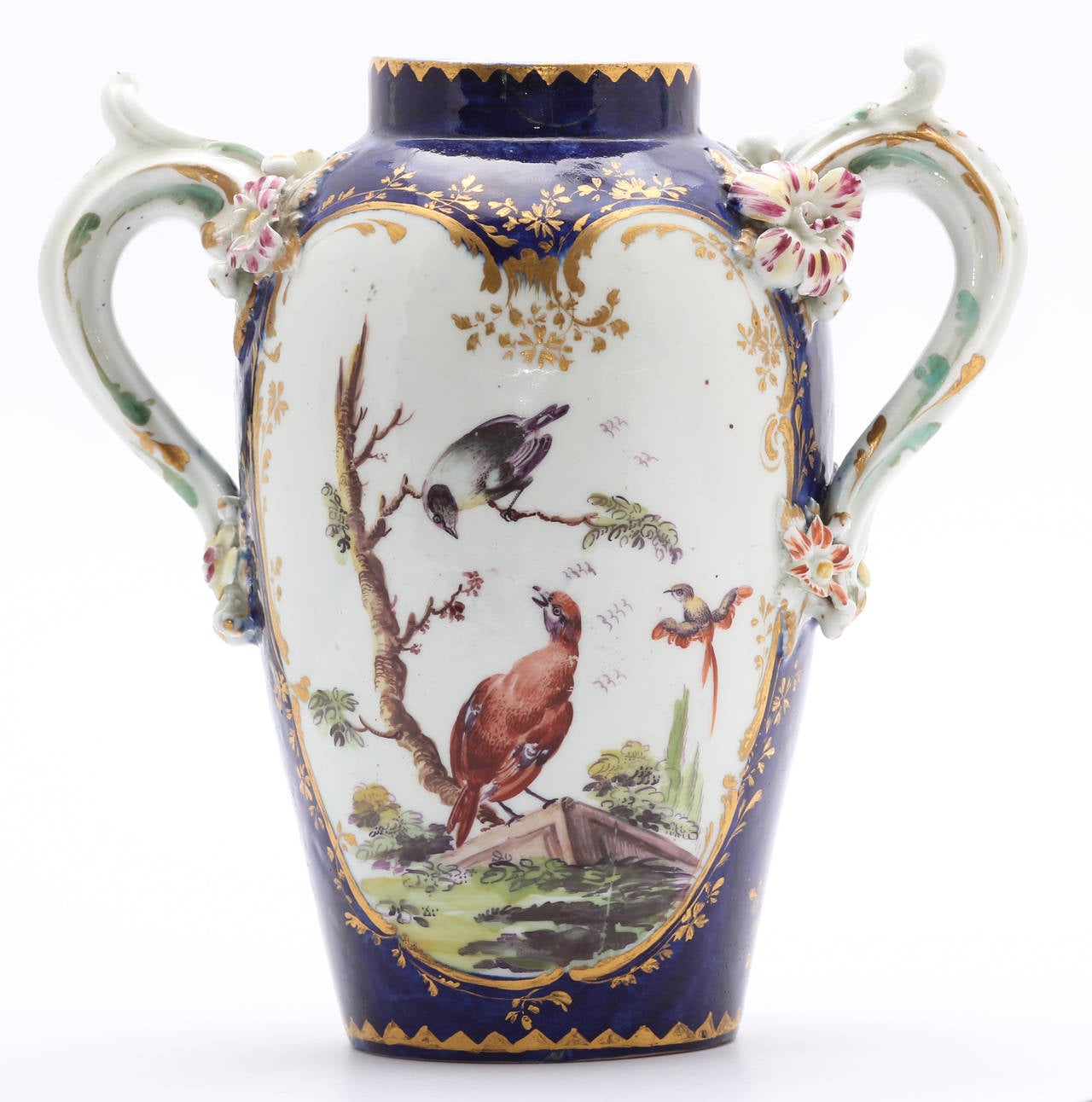 Derby vase with short neck, superbly painted with large panels to either side within gilt rococo frames, on a deep blue ground with large scroll handles picked out in turquoise, the terminals with applied colourful handles, the decoration consisting