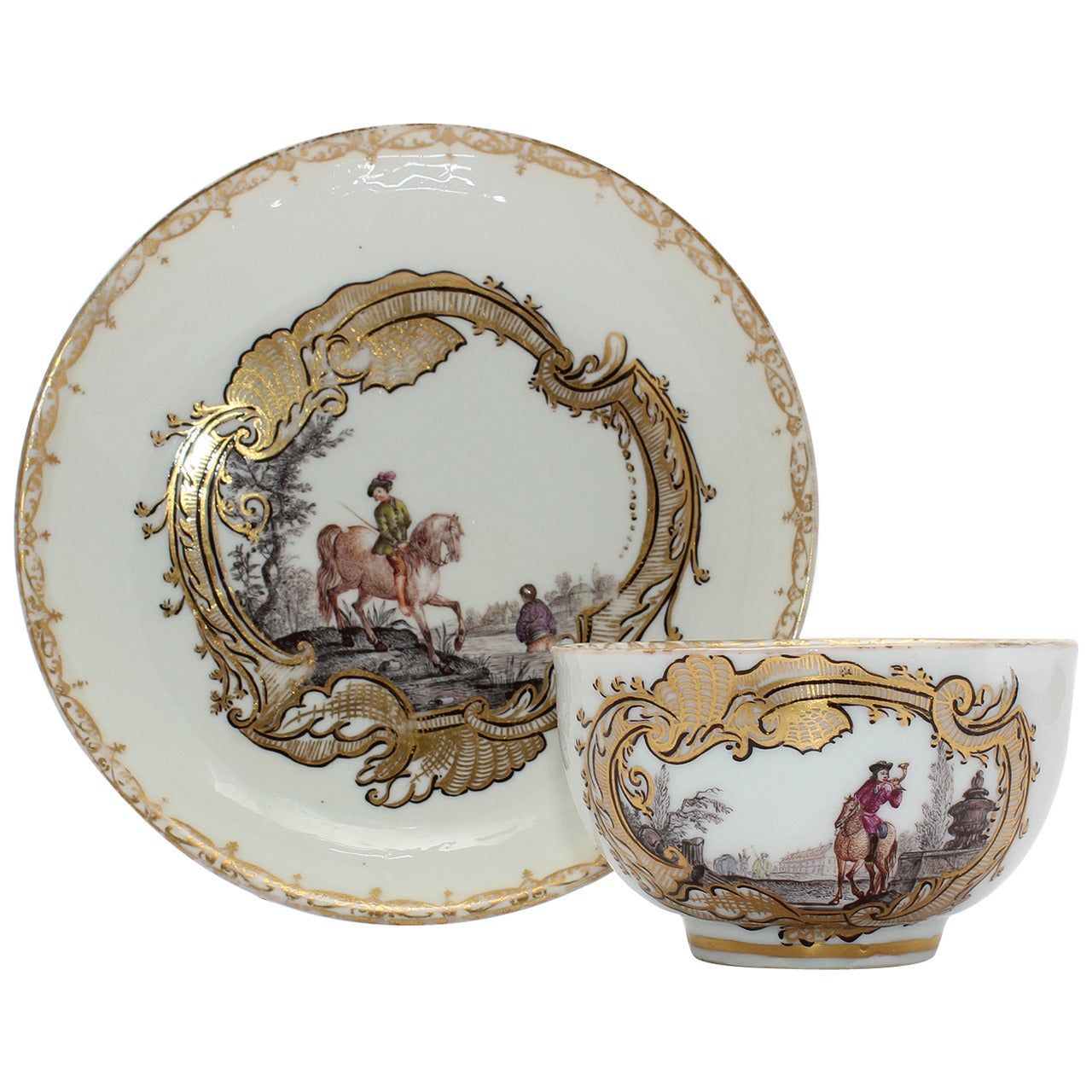 Meissen Tea Bowl and Saucer, Equestrian Scene, circa 1745 For Sale