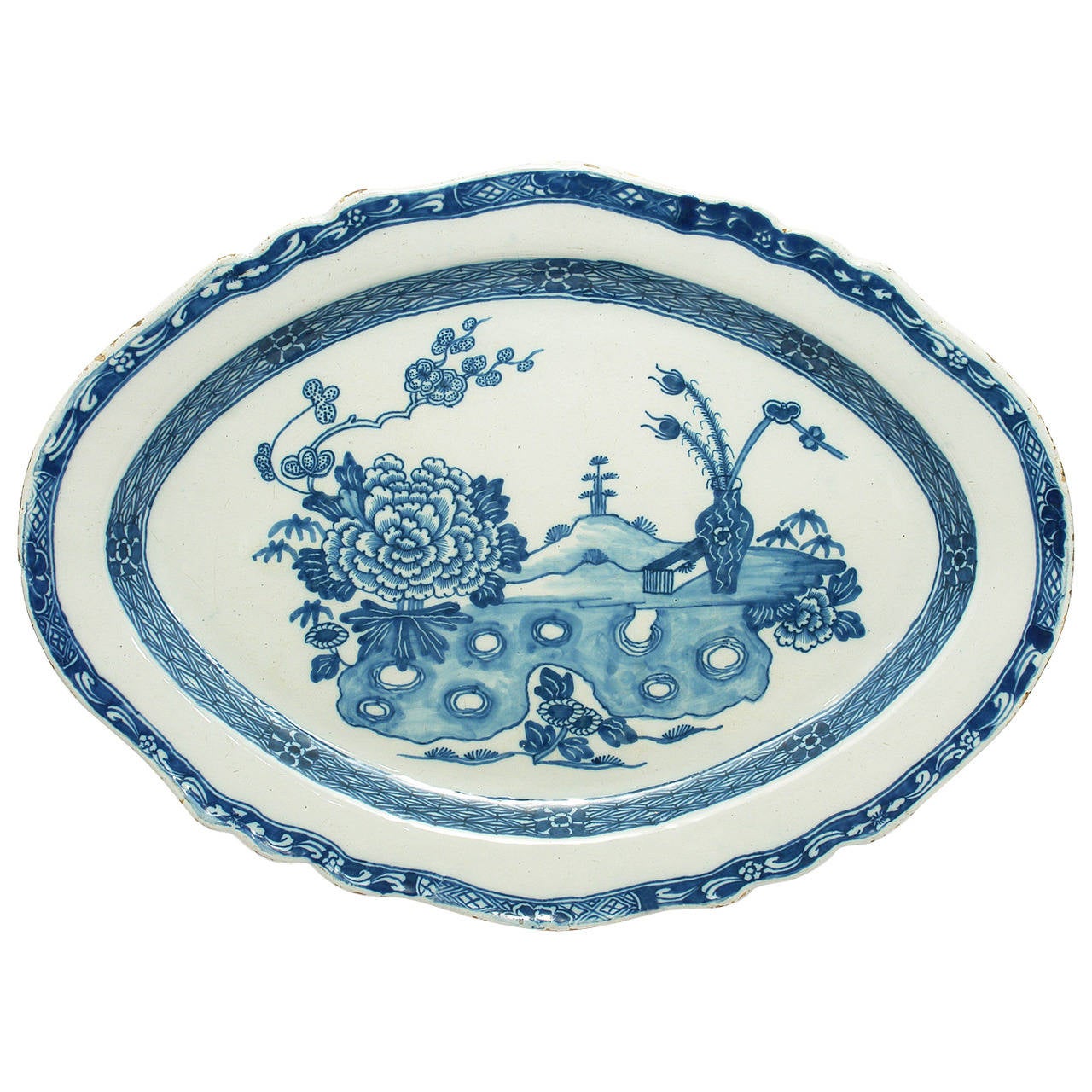 Large Irish Delft Silver Shape Dish with Vase of Feathers Pattern ...