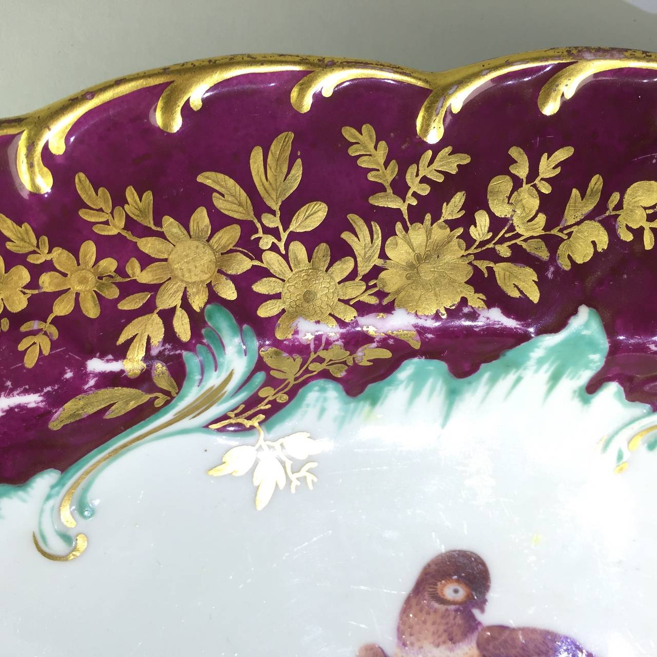 Gold Anchor Chelsea Serving Dish, Bird in Claret Ground, circa 1765