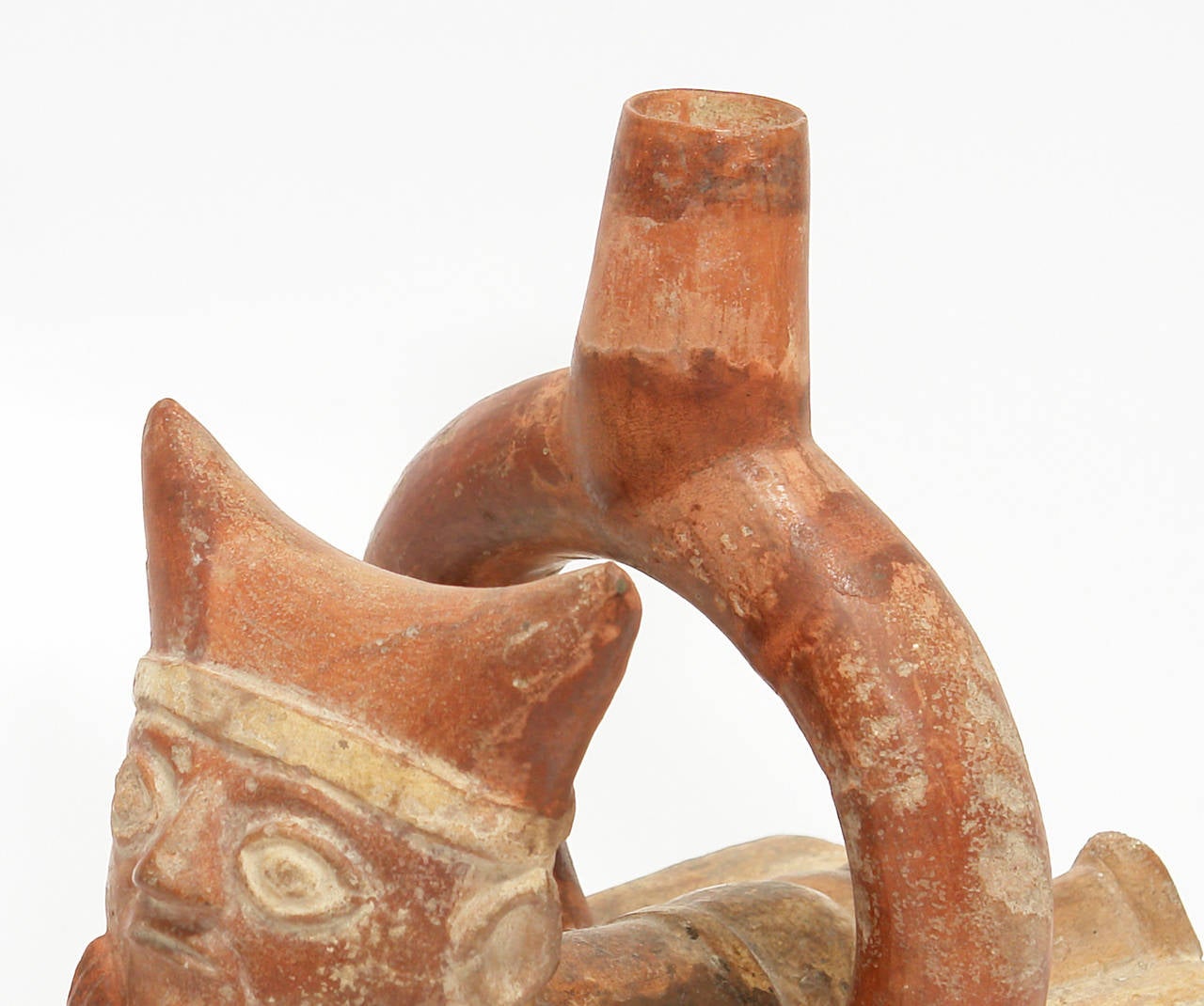 Peruvian Moche Stirrup Vessel, Man Resting on Cloth Bales, circa 300 AD