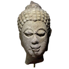 Antique Thai Carved Stone Head from the Ayutthaya Period, 16th - 17th Century