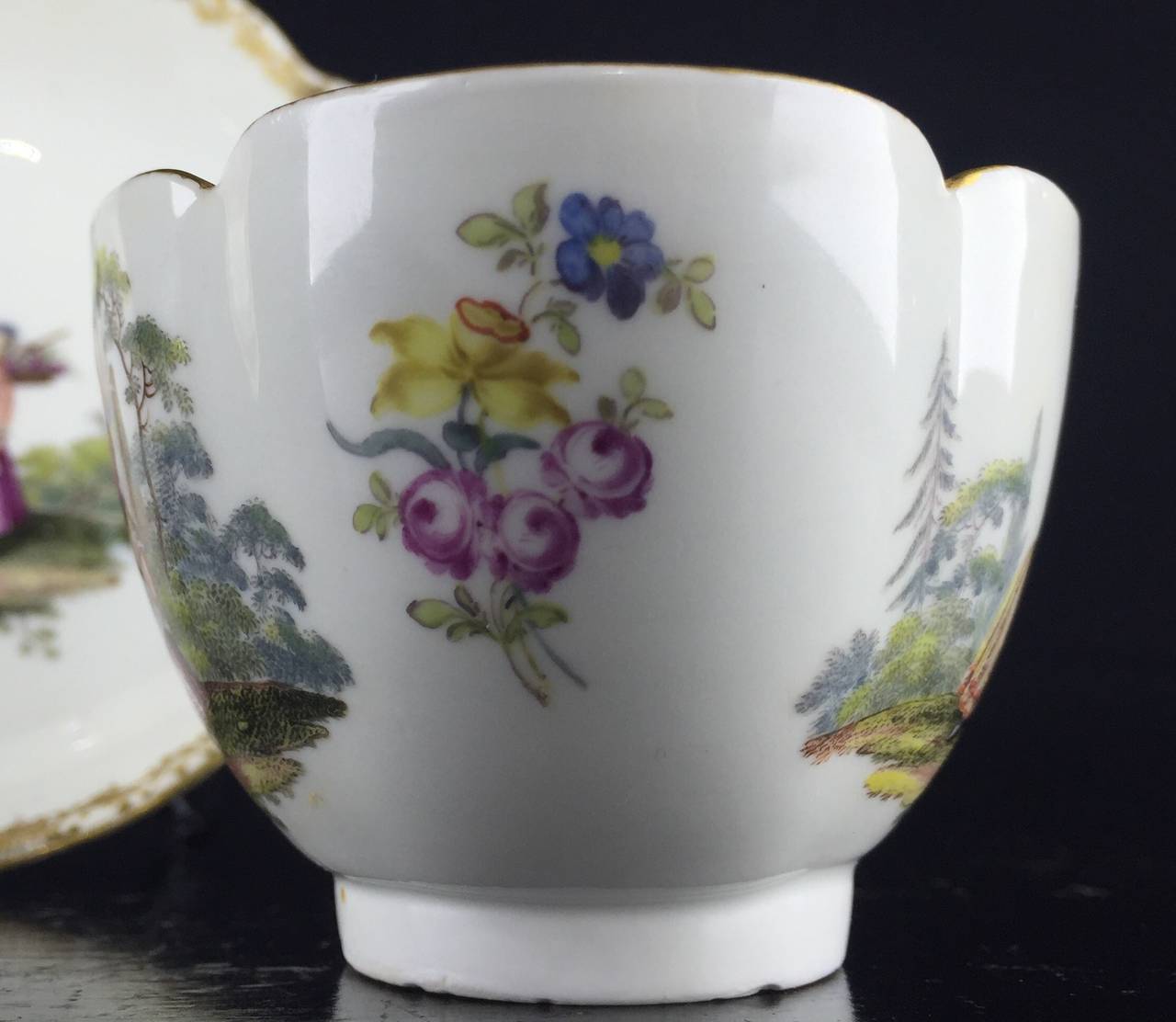 Mid-18th Century Meissen Quatrefoil Shape Cup and Saucer with Children, circa 1745 For Sale