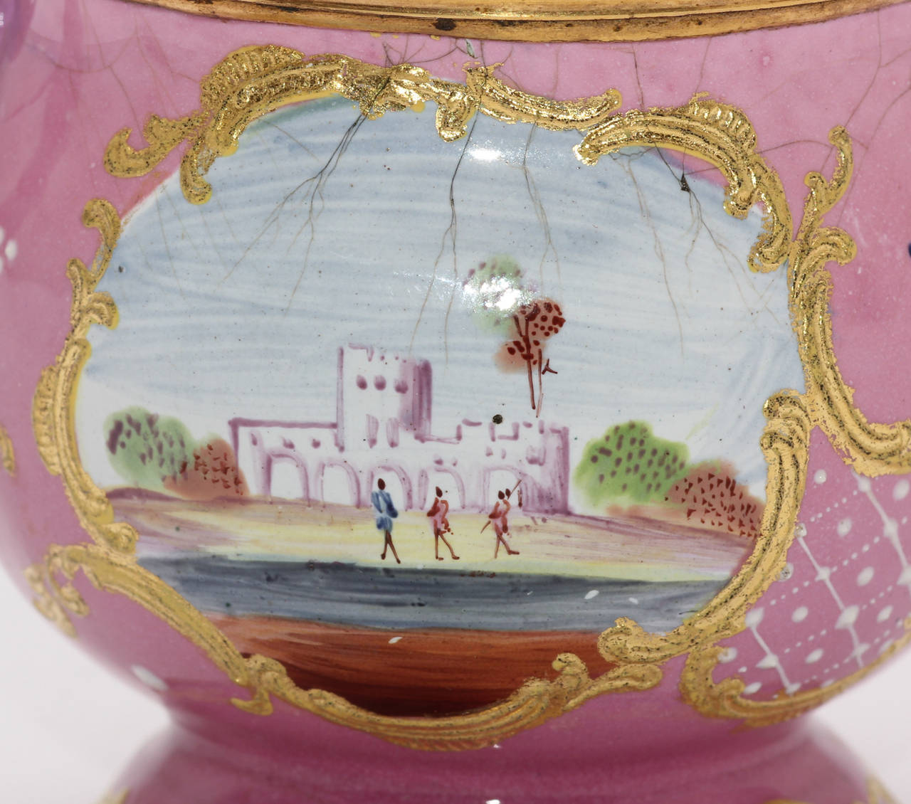 English Enamel Covered Cup, Landscapes and Ship on Pink Ground, circa 1770 For Sale 3