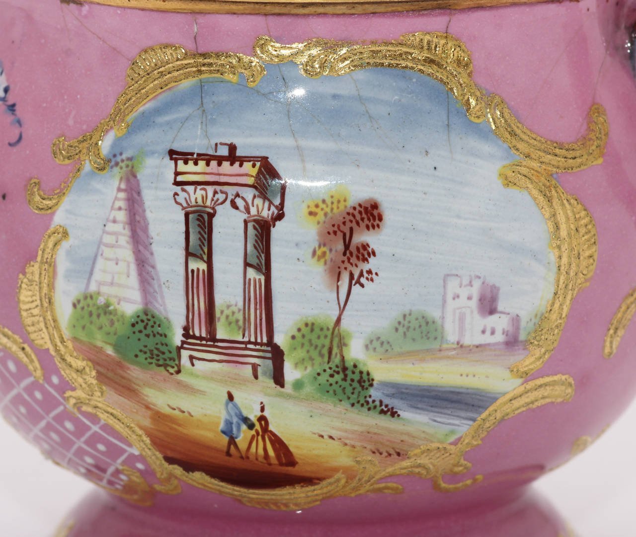 English Enamel Covered Cup, Landscapes and Ship on Pink Ground, circa 1770 In Good Condition For Sale In Geelong, Victoria