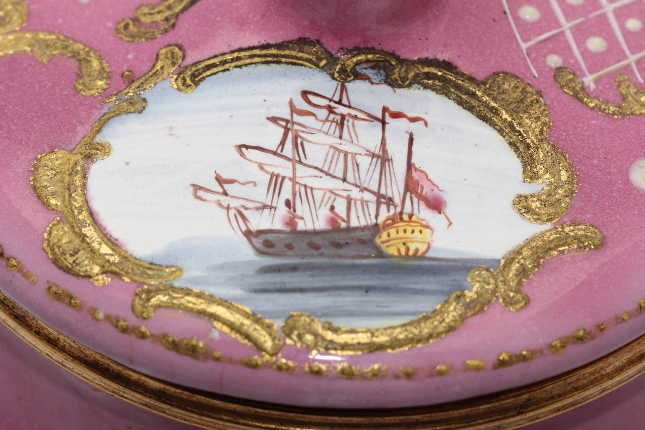 English Enamel Covered Cup, Landscapes and Ship on Pink Ground, circa 1770 For Sale 1