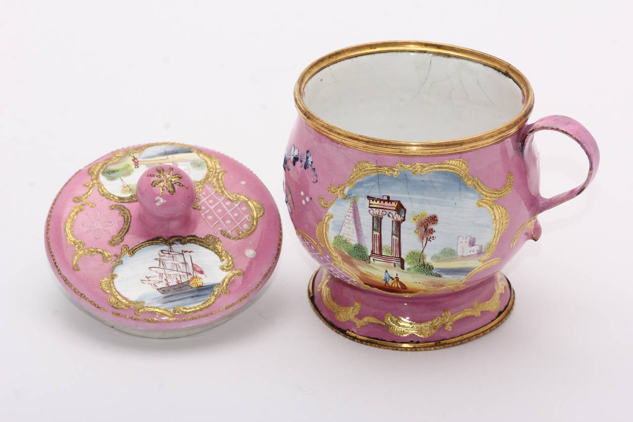 Rococo Revival English Enamel Covered Cup, Landscapes and Ship on Pink Ground, circa 1770 For Sale