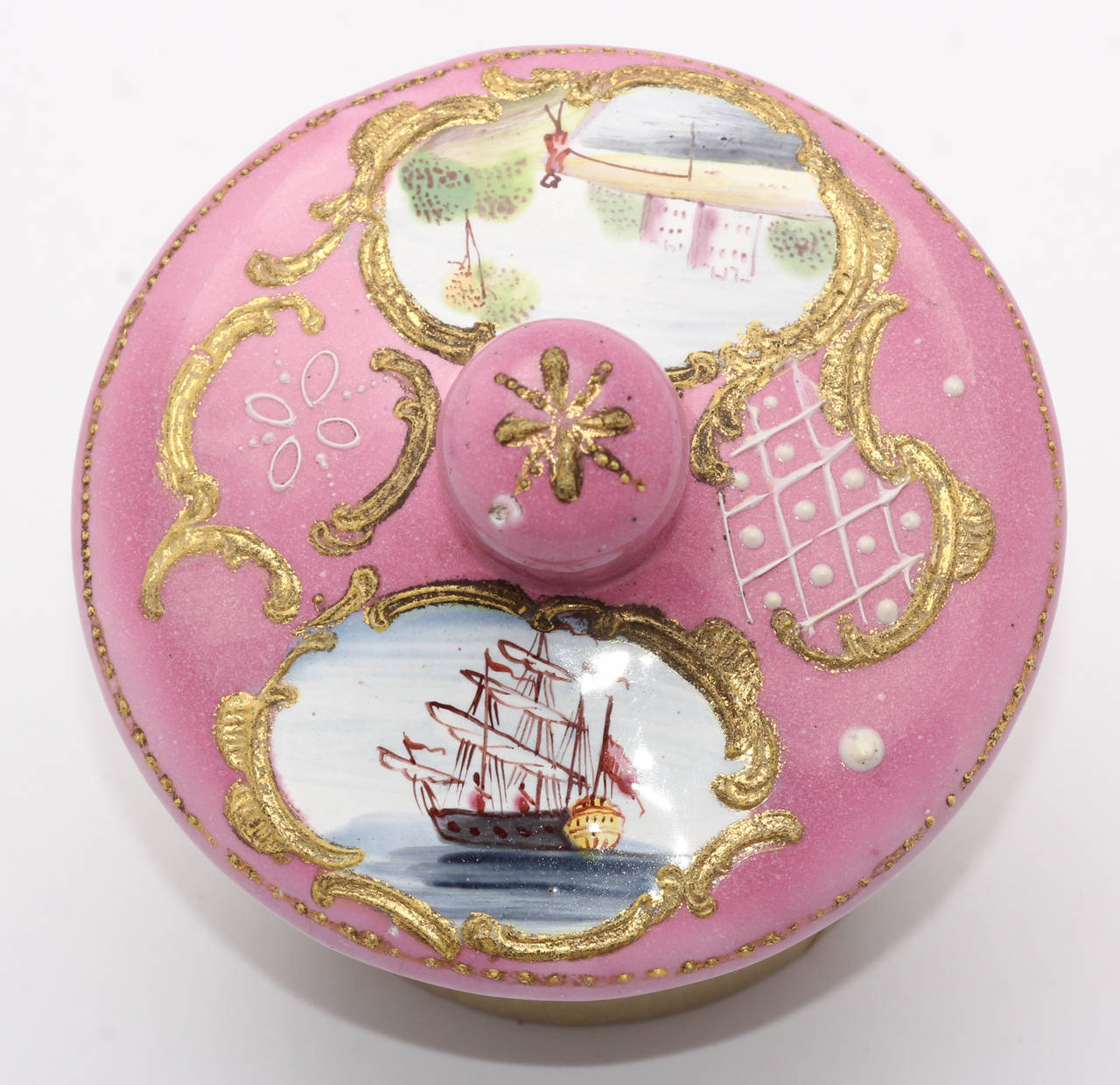 English Enamel Covered Cup, Landscapes and Ship on Pink Ground, circa 1770 For Sale 2