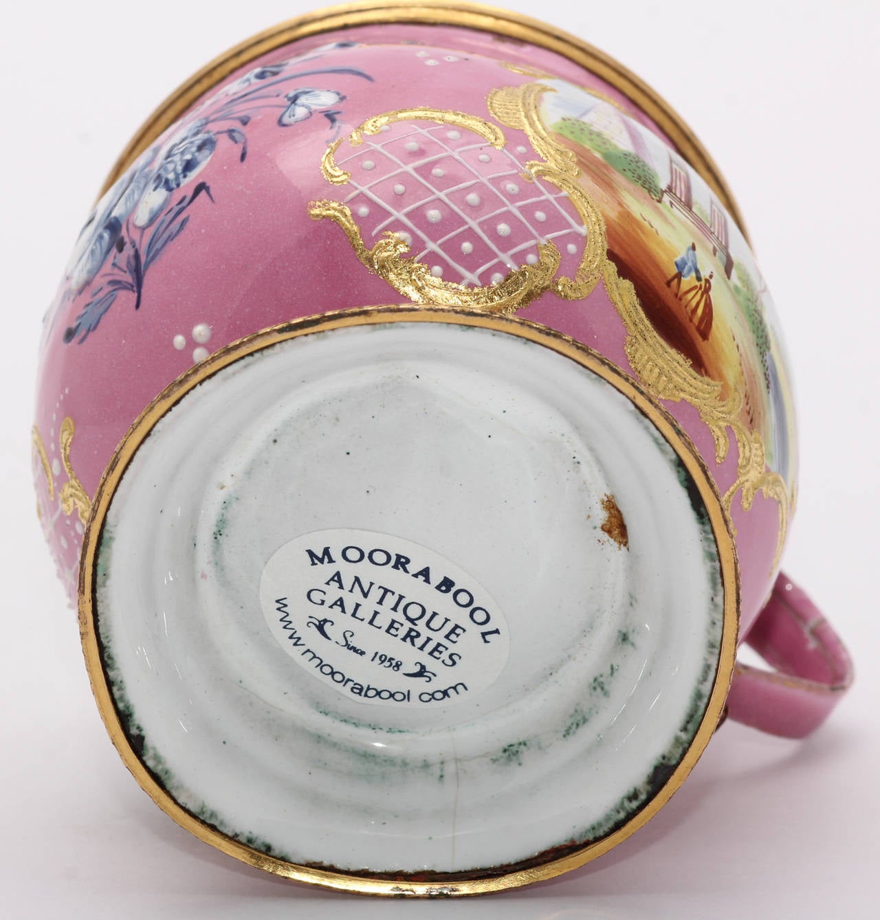 Late 18th Century English Enamel Covered Cup, Landscapes and Ship on Pink Ground, circa 1770 For Sale