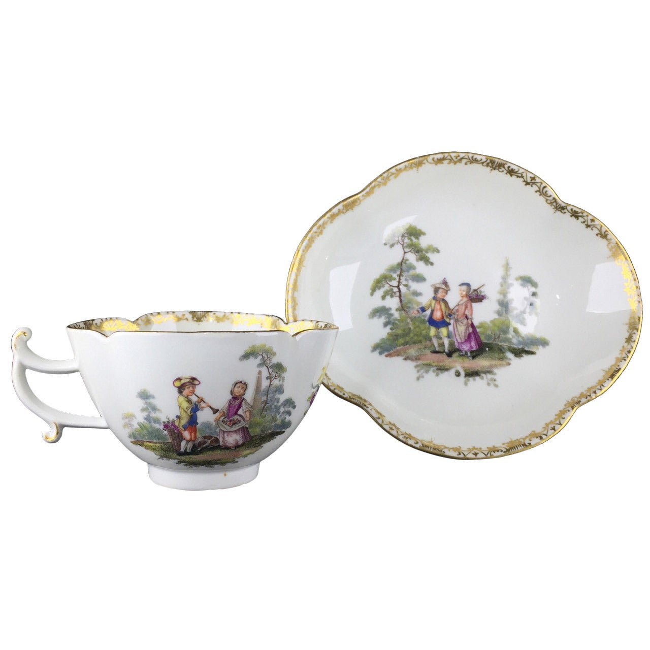 Meissen Quatrefoil Shape Cup and Saucer with Children, circa 1745 For Sale