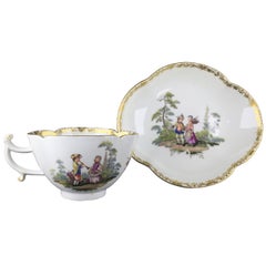 Antique Meissen Quatrefoil Shape Cup and Saucer with Children, circa 1745