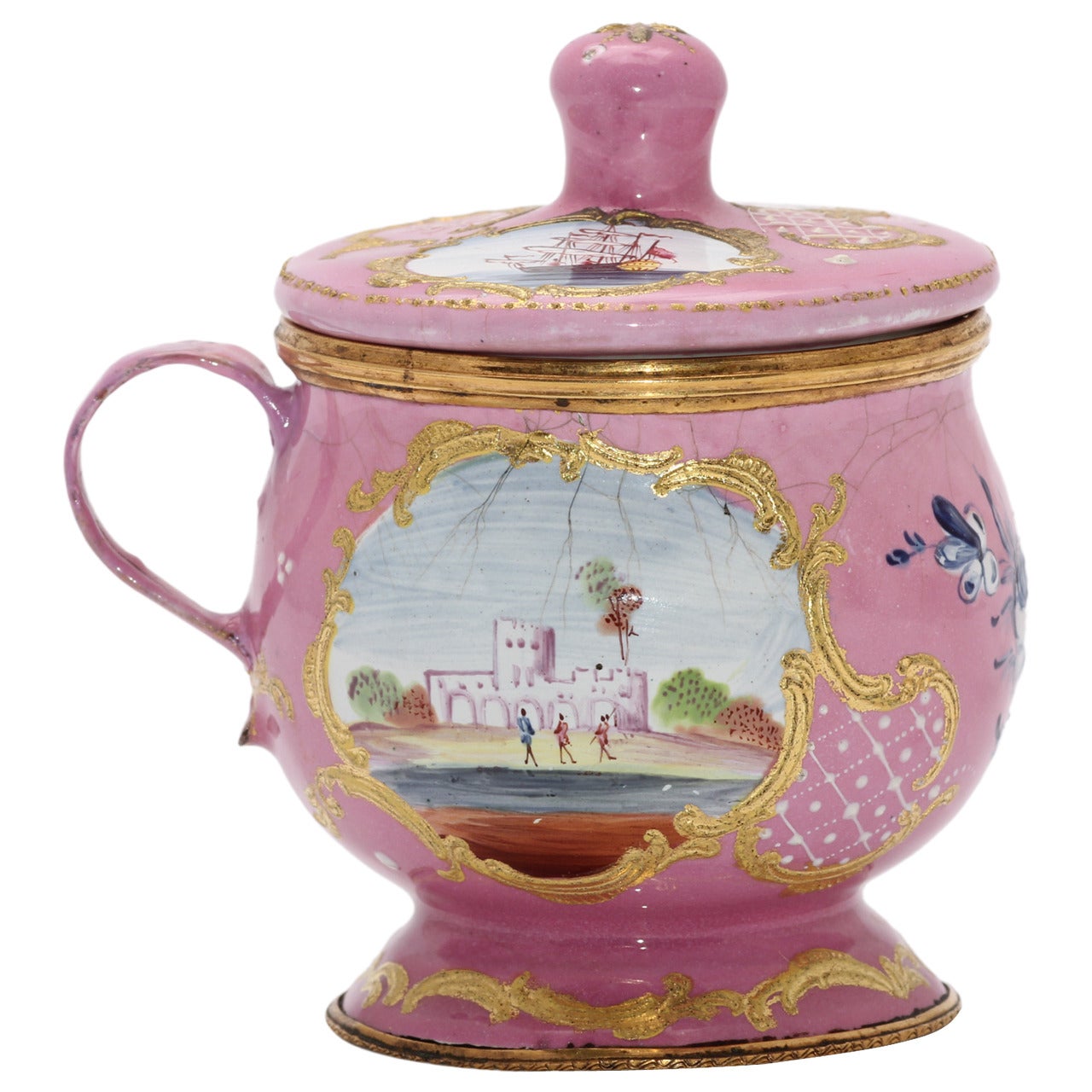 English Enamel Covered Cup, Landscapes and Ship on Pink Ground, circa 1770 For Sale