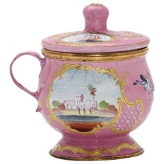 English Enamel Covered Cup, Landscapes and Ship on Pink Ground, circa 1770