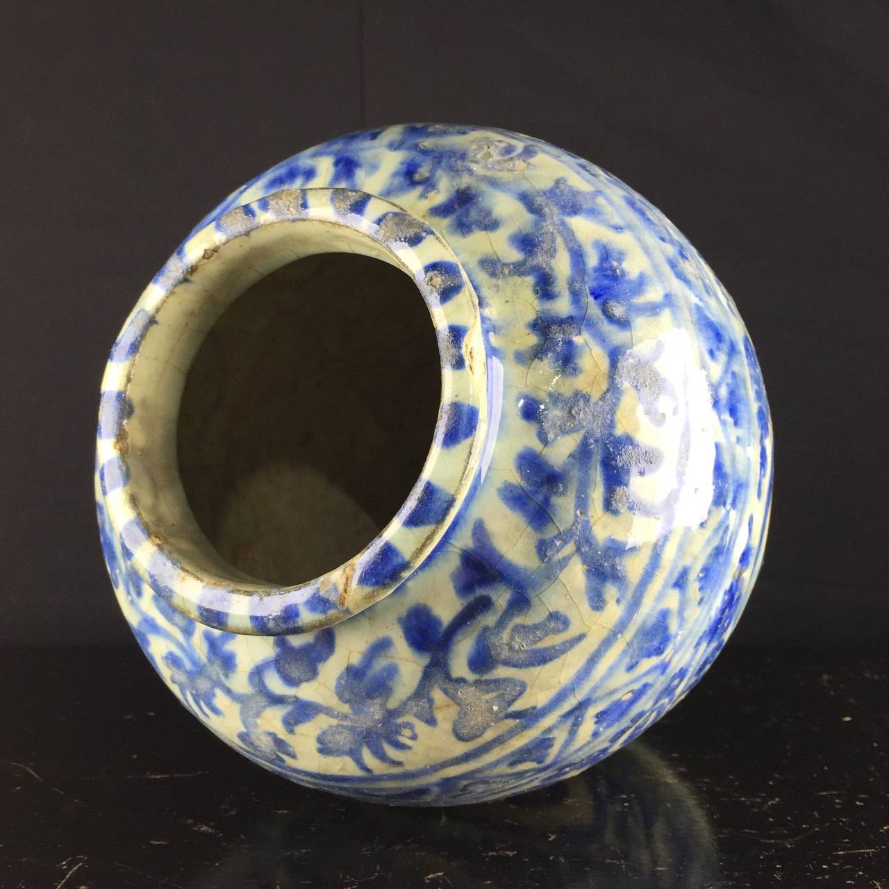 Fritware Jar with Blue and White Oriental Pattern, Mamluk 16th-17th Century In Fair Condition In Geelong, Victoria