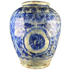 Antique Fritware Jar with Blue and White Oriental Pattern, Mamluk 16th-17th Century