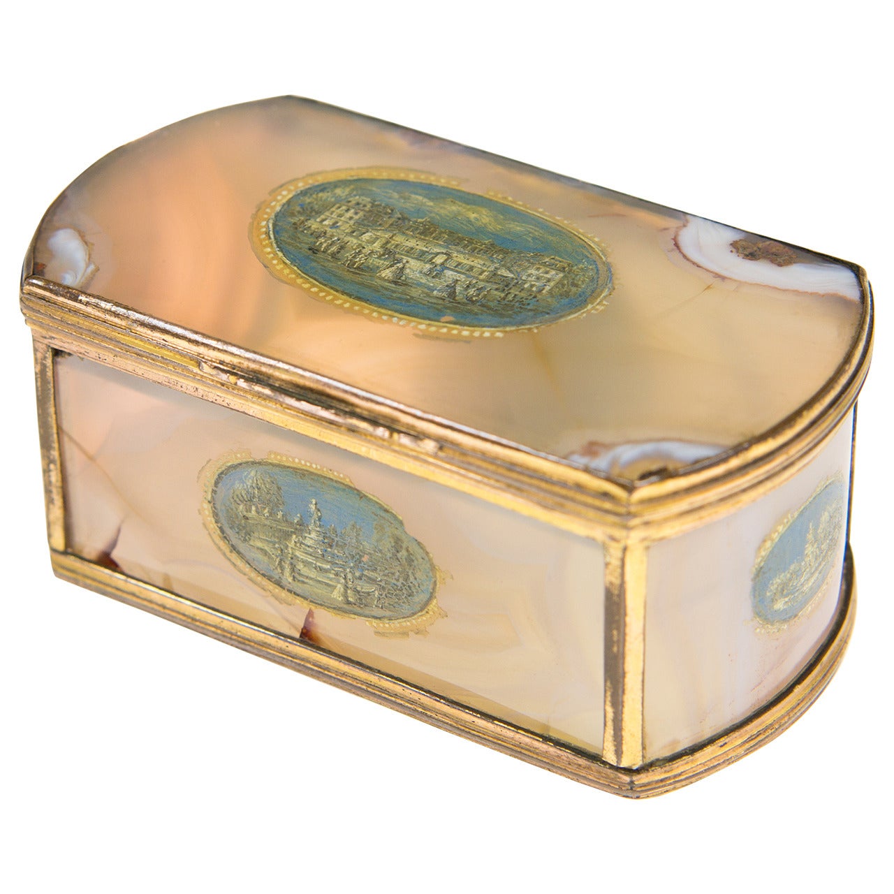 French Agate Box with Cold Painted Scenes of Versailles, circa 1760