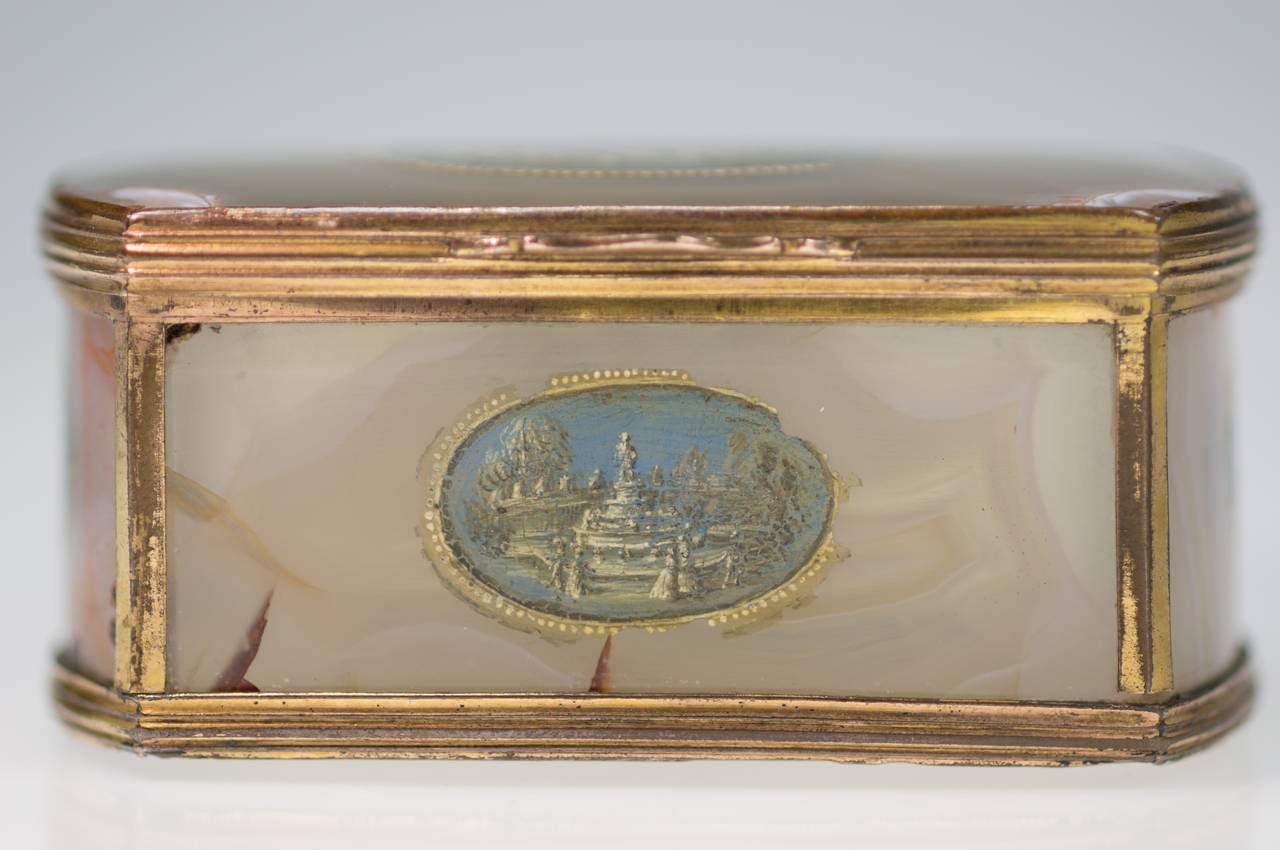 French Agate Box with Cold Painted Scenes of Versailles, circa 1760 1