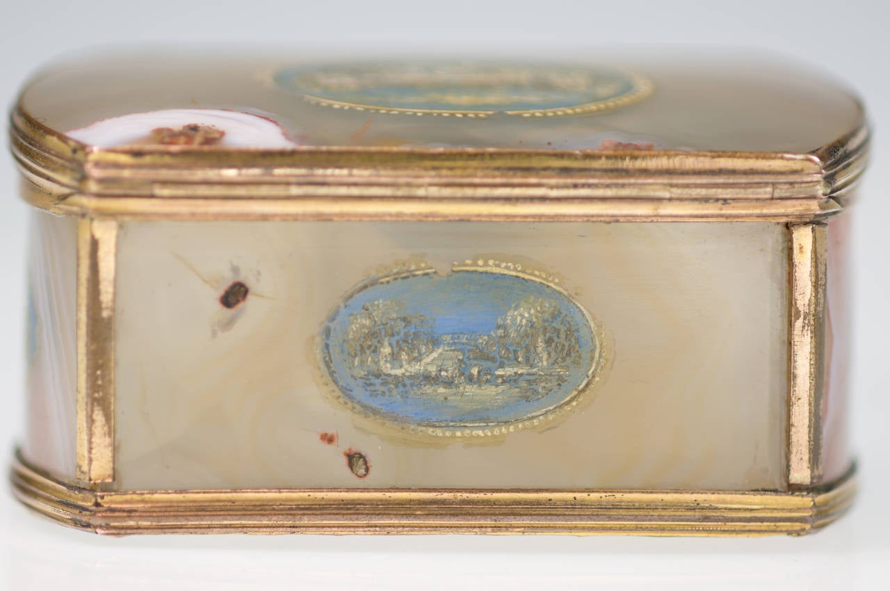 Mid-18th Century French Agate Box with Cold Painted Scenes of Versailles, circa 1760