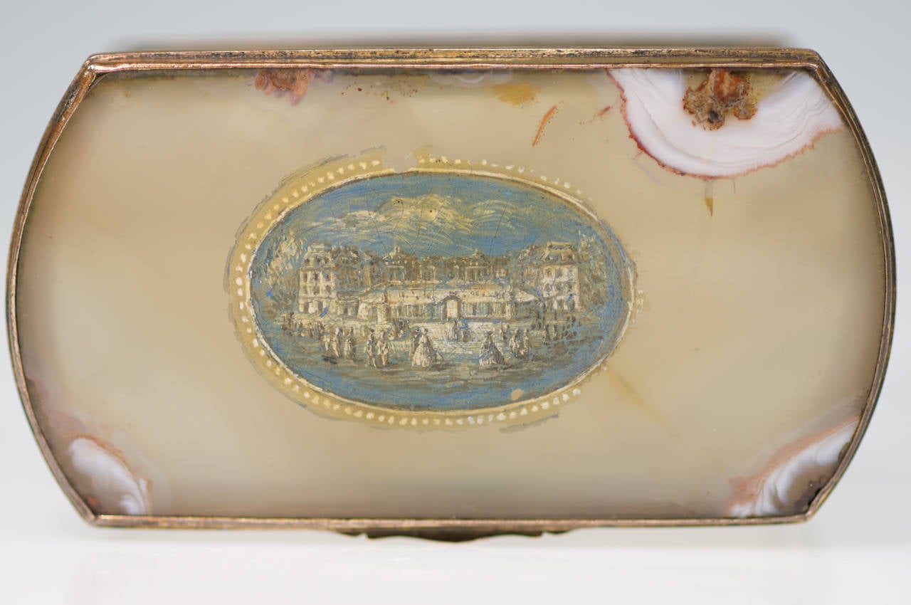 French Agate Box with Cold Painted Scenes of Versailles, circa 1760 In Fair Condition In Geelong, Victoria