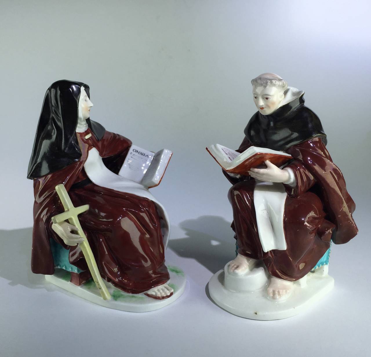 Romantic Pair of Derby Figures of a Nun and Friar Reading, circa 1760