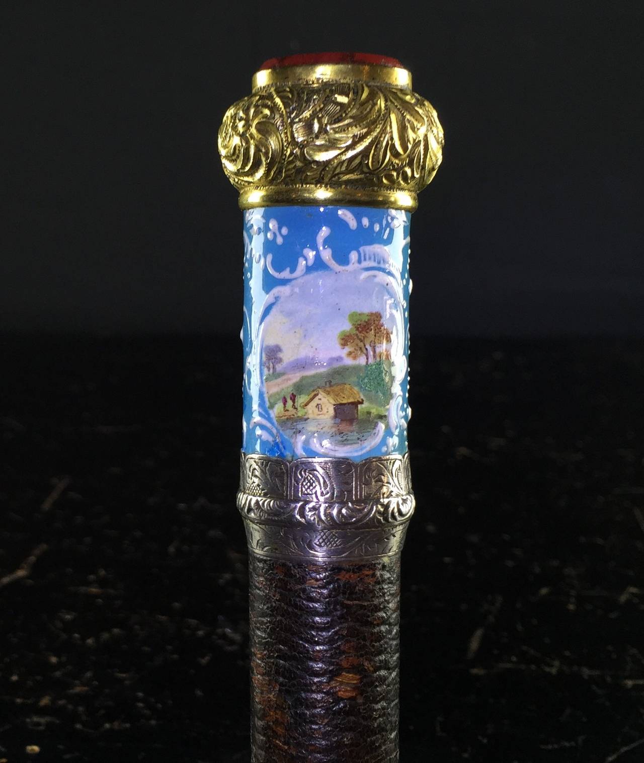 Rococo English Cane Walking Stick, Enamel, Silver Gilt Italian Micro Mosaic, circa 1780