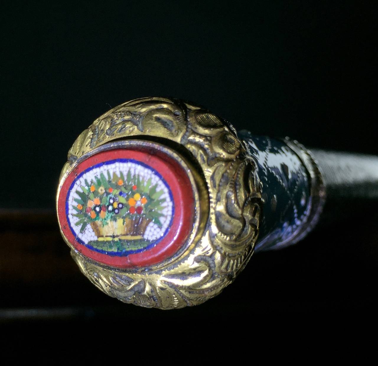 Late 18th Century English Cane Walking Stick, Enamel, Silver Gilt Italian Micro Mosaic, circa 1780