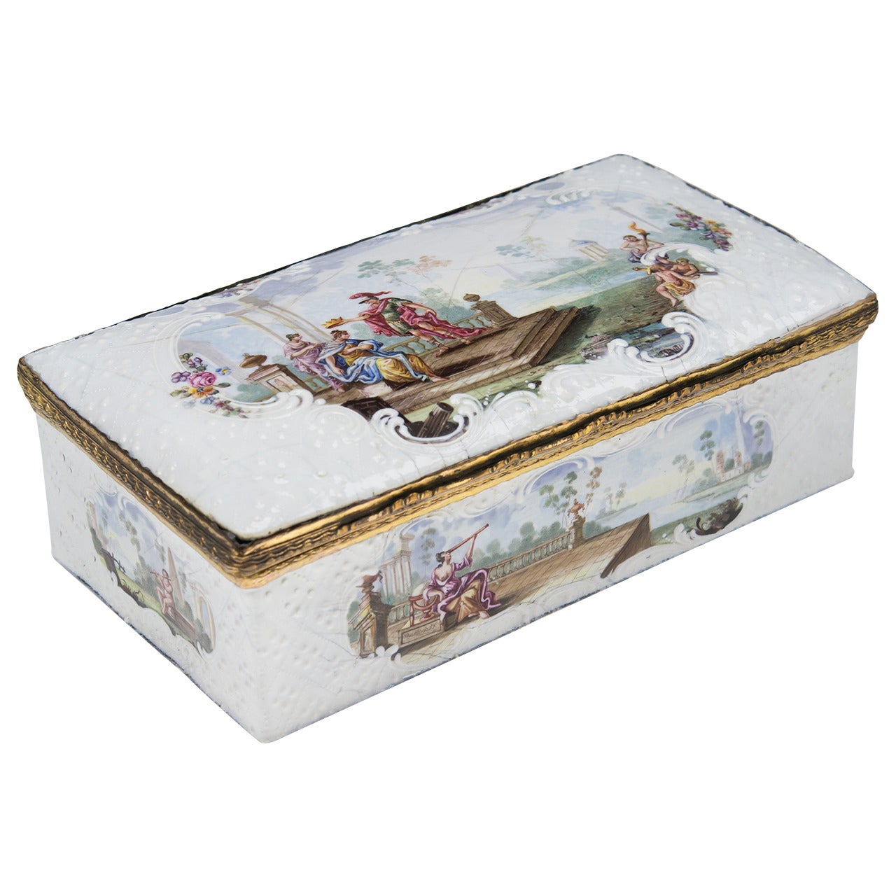 Quality English Enamel Box with Mythological Scenes, circa 1765 For Sale