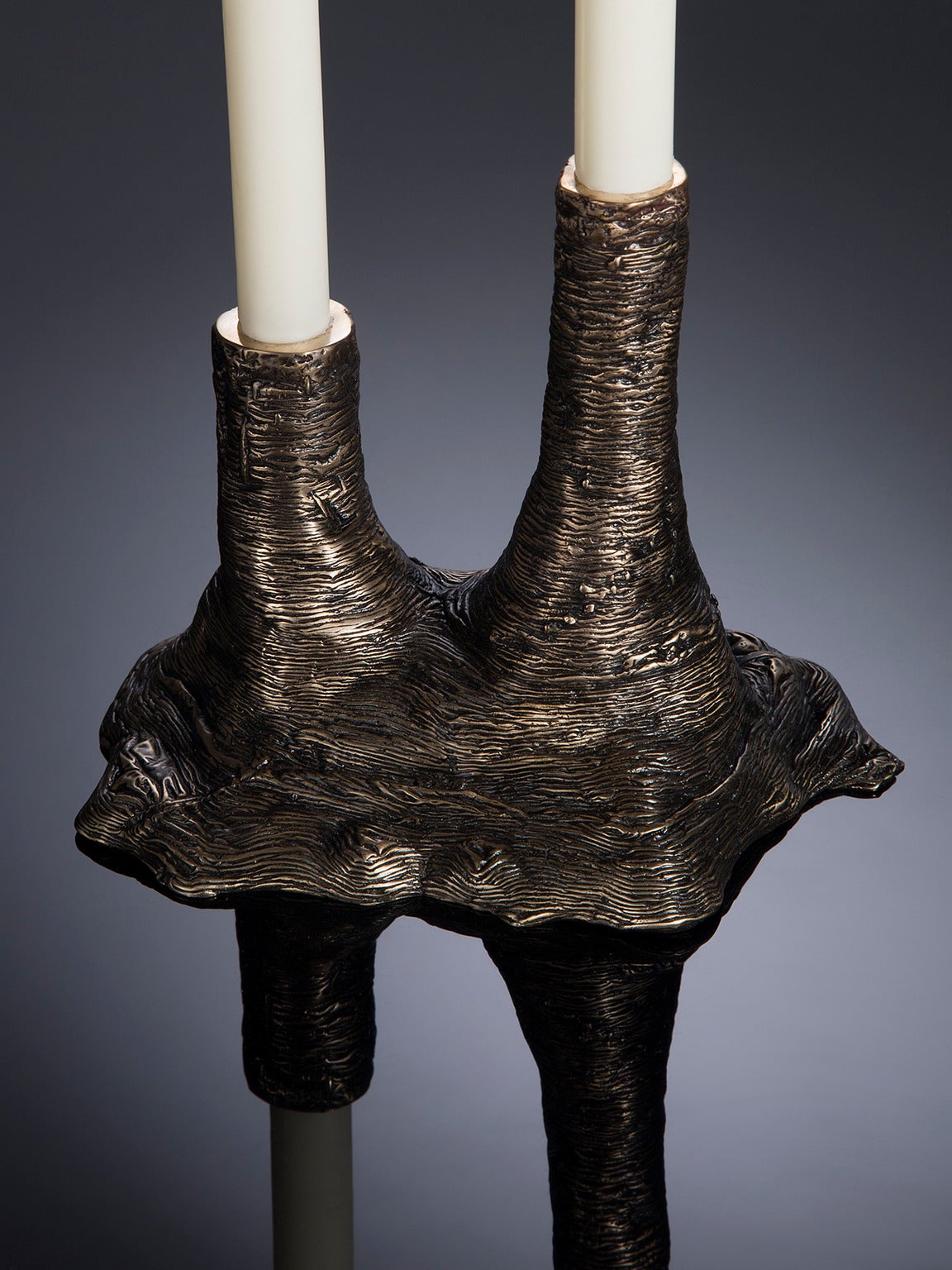 American Ice-Cast Bronze Double Candleholder by Steven Haulenbeek For Sale