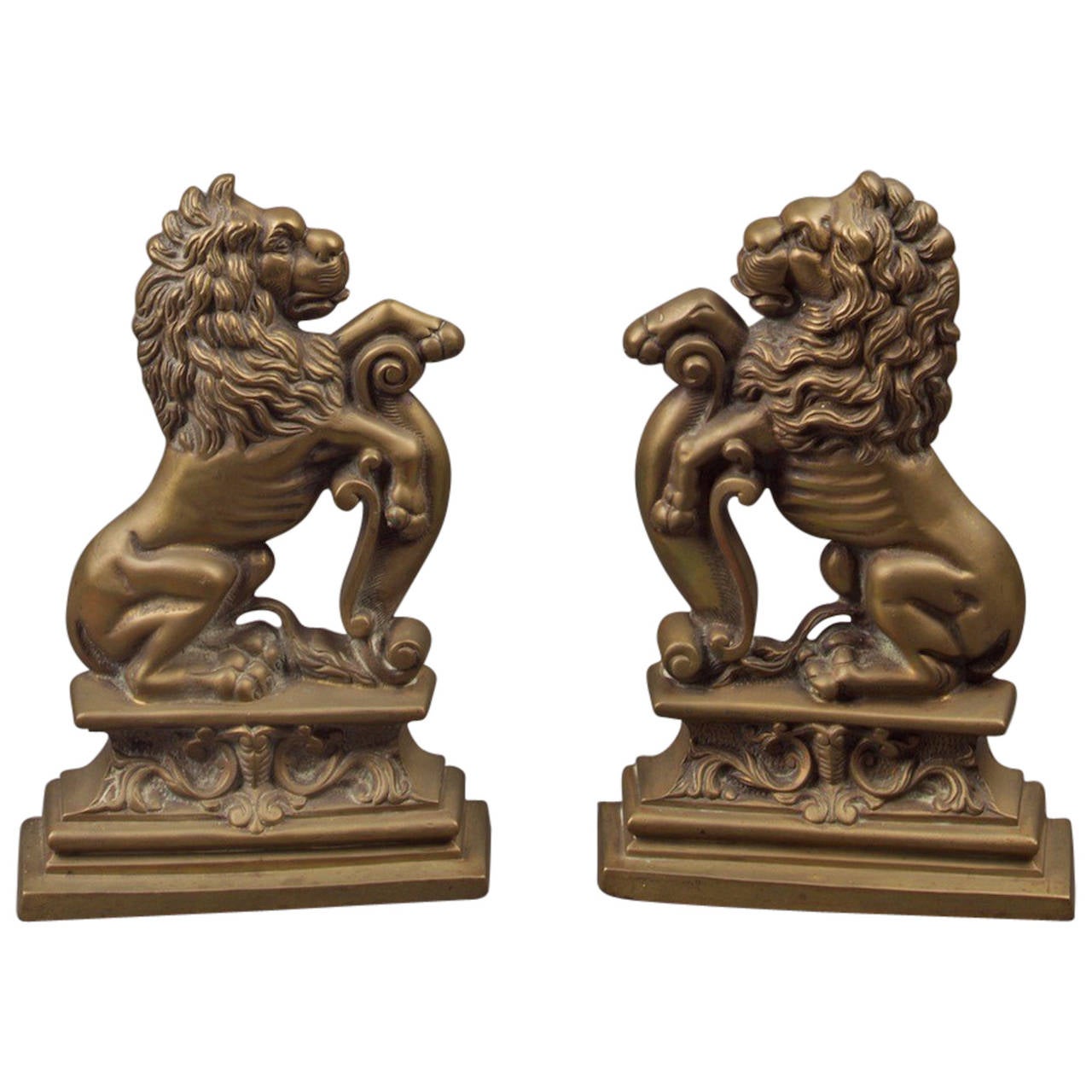 19th Century Pair of French Empire Cast Brass Lion Doorstops For Sale