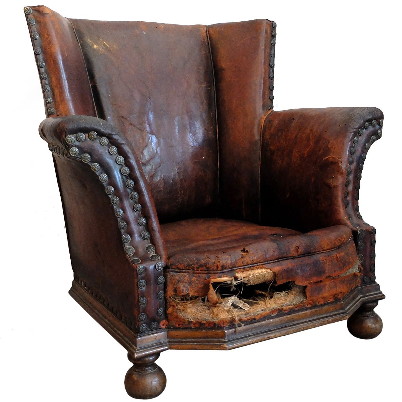 Distressed Leather Armchair For Sale
