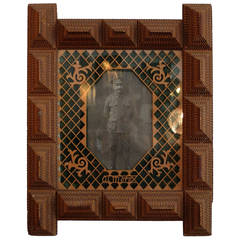 Large Tramp Art Frame with Portrait of WWI Soldier