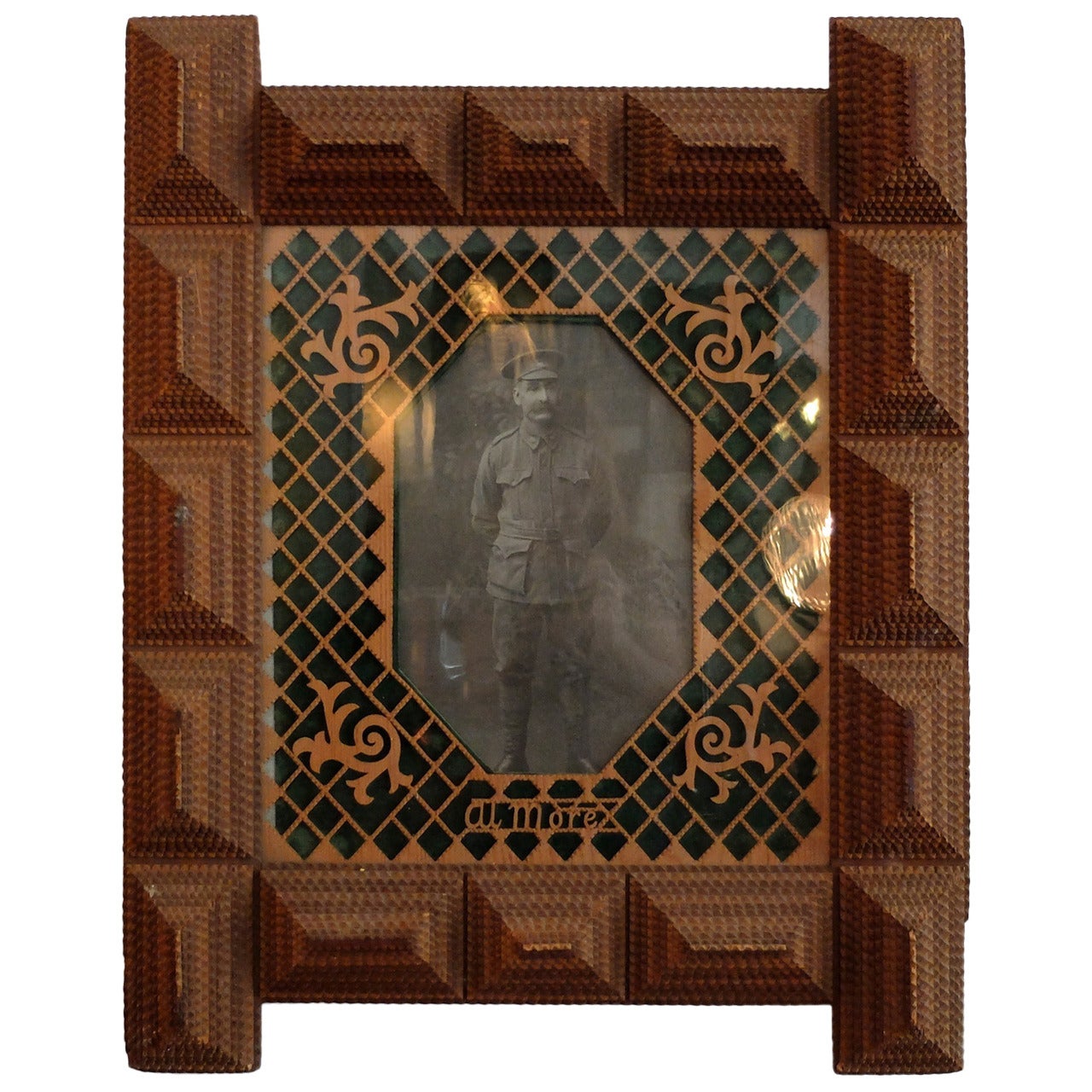 Large Tramp Art Frame with Portrait of WWI Soldier For Sale