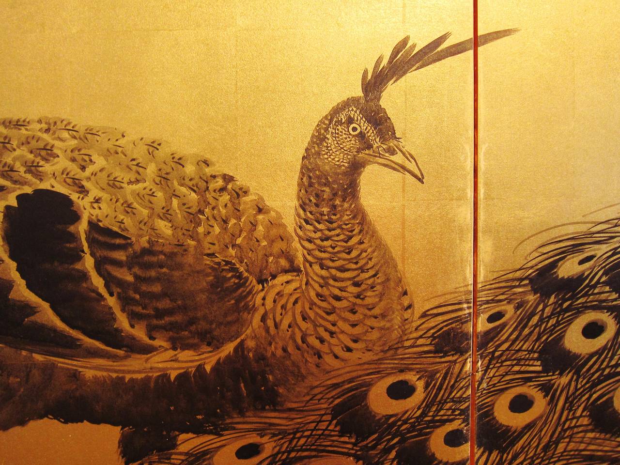 Gold Leaf Pair of Japanese Screens: ink paintings of peacocks on gold leaf by Imao Keinen For Sale