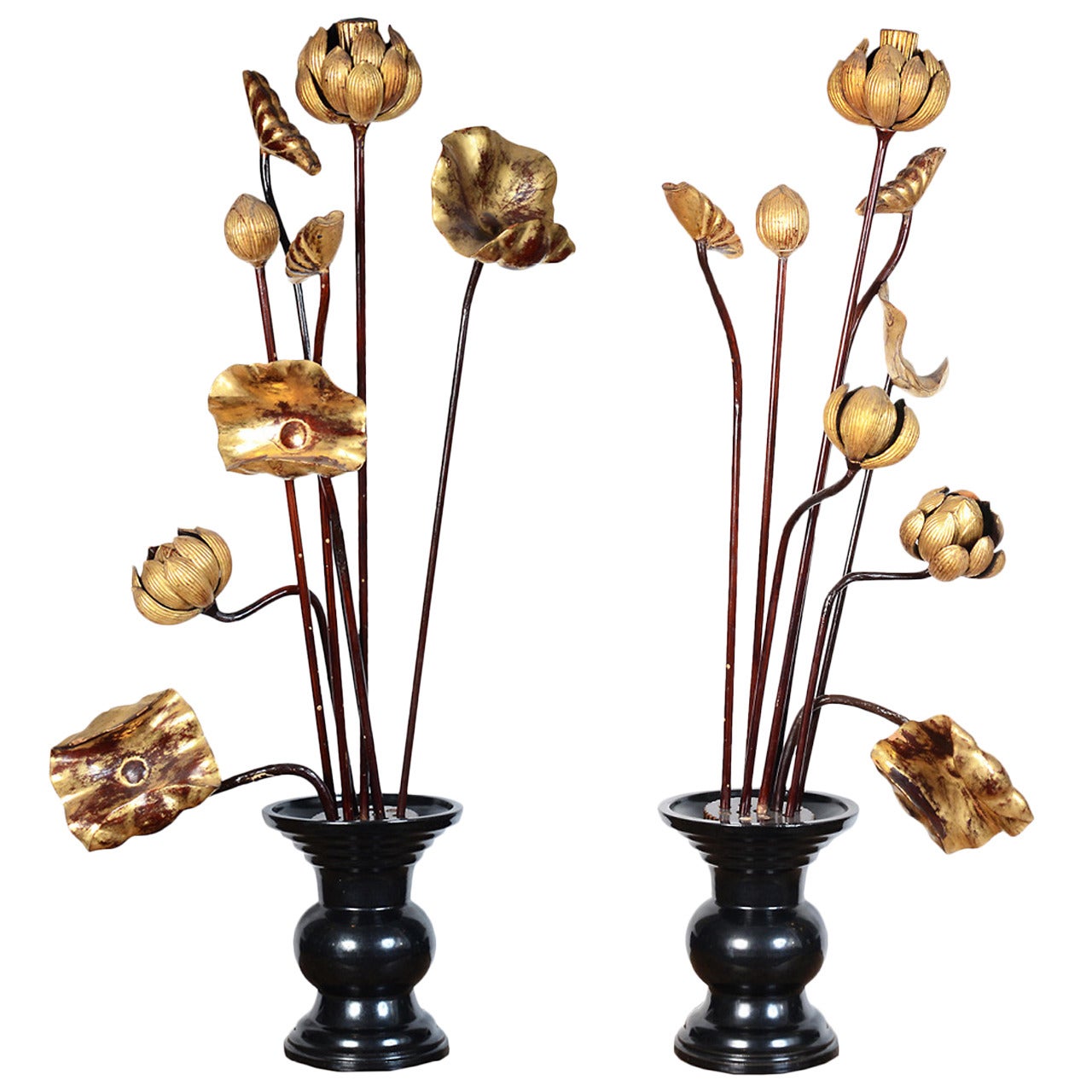 Antique Japanese Gilded Temple Flowers in Ceramic Vases