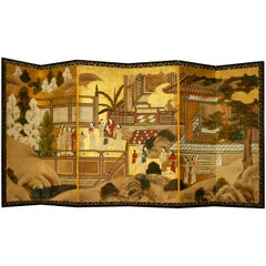 Antique Japanese Six-Panel Screen, Temple Scene