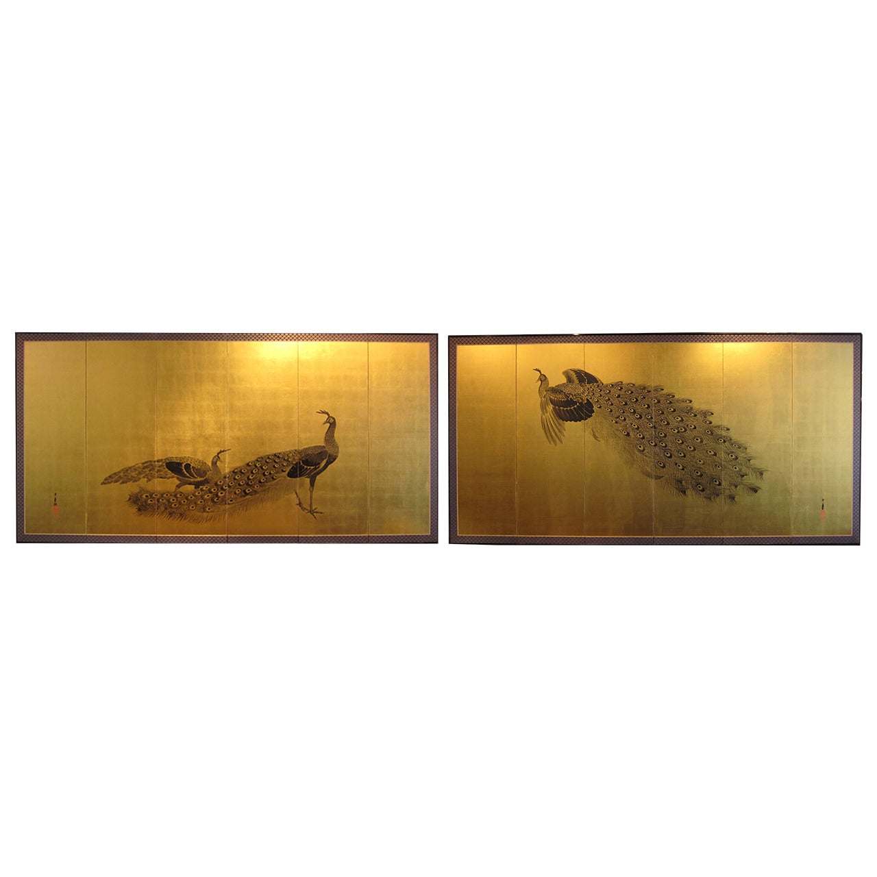 Pair of Japanese Screens: ink paintings of peacocks on gold leaf by Imao Keinen For Sale