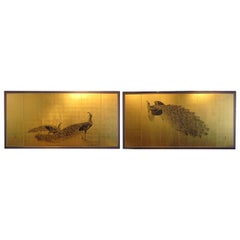 Antique Pair of Japanese Screens: ink paintings of peacocks on gold leaf by Imao Keinen