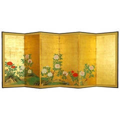 Antiguo biombo japonés de seis paneles de Kano Chikanobu