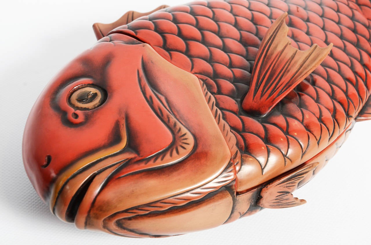Carved Vintage Japanese Lacquer Dish in the Shape of a Fish