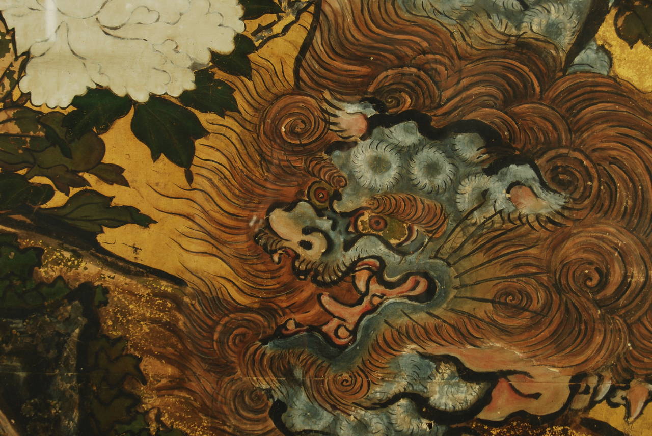 Pair of Antique Japanese Paintings of Karashishi, Edo Period, 18th Century For Sale 1