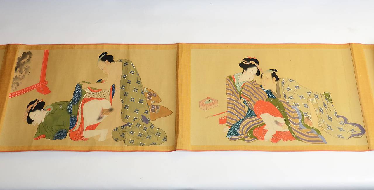 Silk Vintage Japanese Erotic Shunga Scroll, Early 20th Century