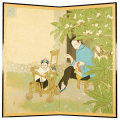Vintage Japanese Two-Panel Screen, Taisho Period, Early 20th Century